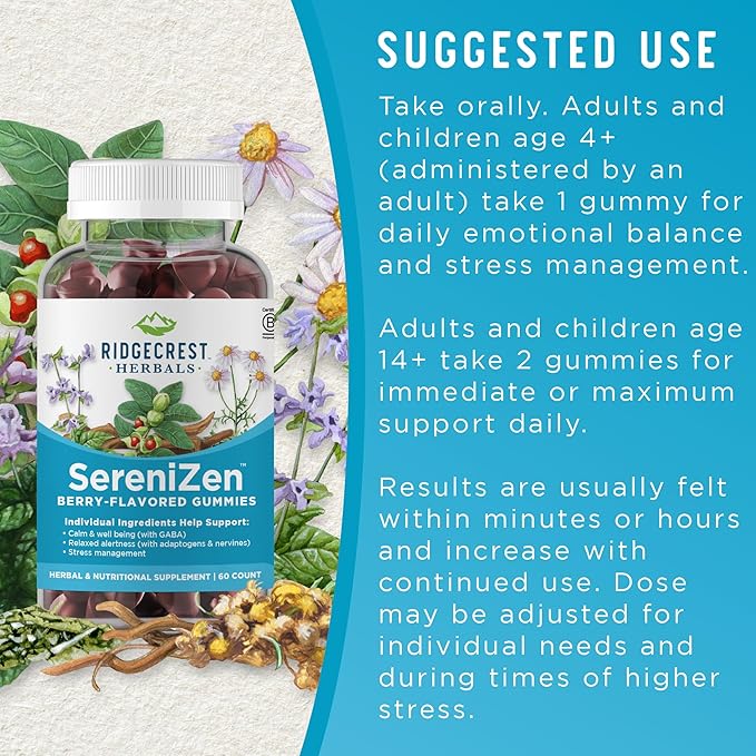RidgeCrest Herbals SereniZen Gummies with Ashwagandha, GABA, L-Theanine, Chamomile & Lemon Balm, Supports Relaxation & Calm, Stress Management, Sleep. Daily Health Supplement, 60 Ct, 1-2 Month Supply