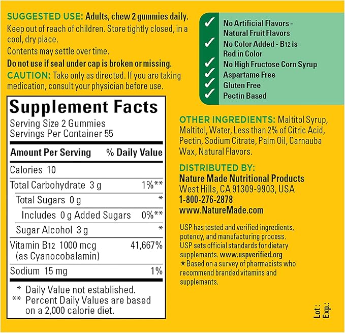 Nature Made Zero Sugar Energy Vitamin B12 Gummies 1000 mcg per Serving, B12 Vitamins, Energy Metabolism Support, Aspartame Free, 110 Sugar Free Gummies, 55 Day Supply
