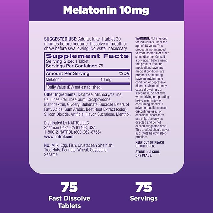Natrol Fast Dissolve Melatonin 10 mg, Melatonin Supplements for Restful Sleep, Sleep Support for Adults, 75 Strawberry-Flavored Tablets, Up to a 75 Day Supply