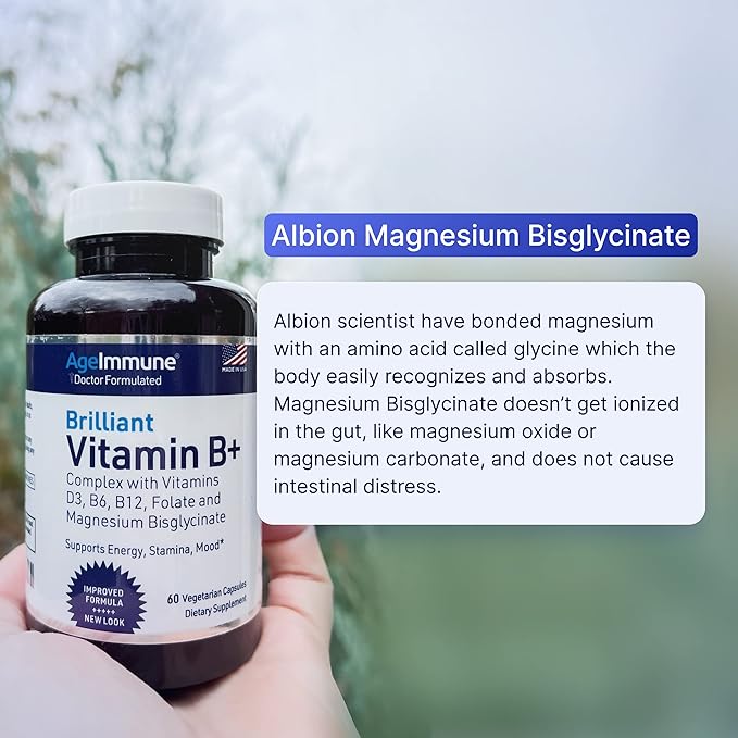 Vitamin B Complex with Vitamin D3 B12 B6 Magnesium Bisglycinate and Folate as Methylfolate - Doctor Formulated Methylated B Complex Supplement – 60 Capsules - Without Niacin