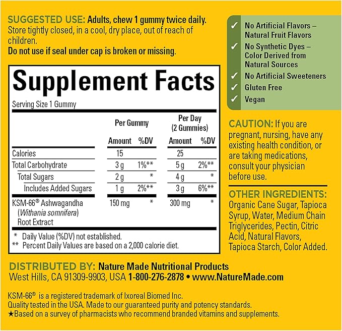 Nature Made Ashwagandha Gummies, Vegan, KSM 66 Ashwagandha for Stress Support, 60 Count, 30 Day Supply