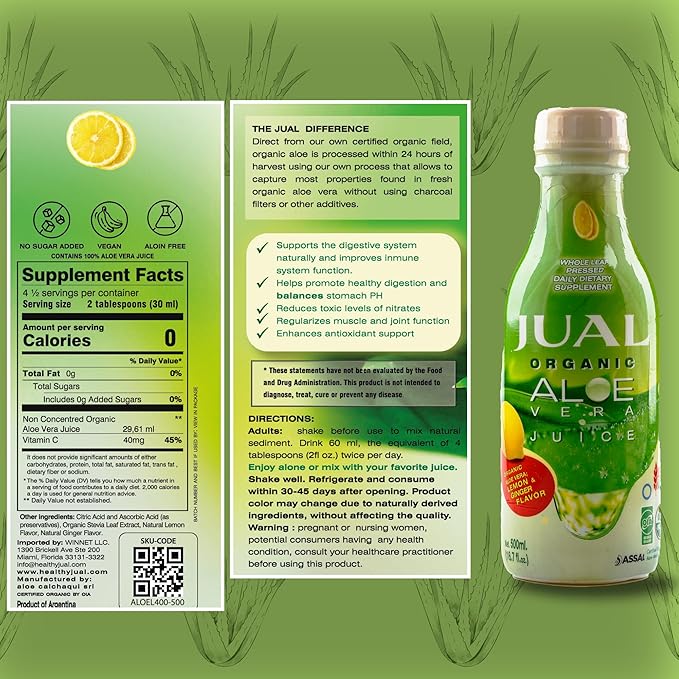 JUAL Healthy Organic Aloe Vera Juice drink, 16.7 Fl Oz - Lemon & Ginger Flavor - Aloe Vera Drink - Vegan, Zero Sugar, Aloin free Pure Aloe Juice for Gut Health - Immune Booster, 500ml (Pack of 1)