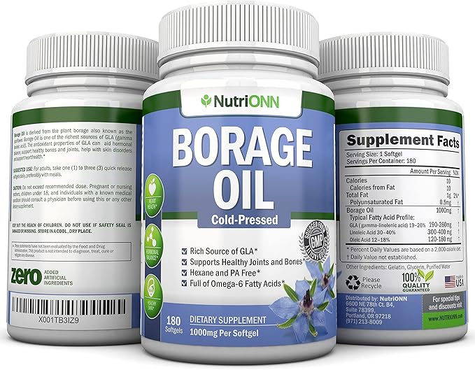 Borage Oil - 1000 mg - 180 Softgels - Cold Pressed High GLA Borage Seed Oil - Hexane and PA Free - Great for Skin, Hair and Bones.