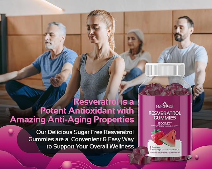 Resveratrol Gummies - Sugar Free Natural Raspberry Watermelon Flavor, 1500mg Resveratrol Supplement for Heart, Brain, Immune Support & Wellness, Powerful Antioxidant with Anti-Aging Benefits