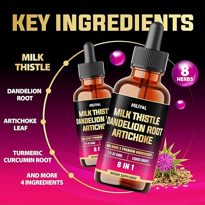 8in1 Milk Thistle Liquid Drops with Dandelion Root, Artichoke Leaf and 5 More Herbals - 60 Days Supply - 2 Fl Oz