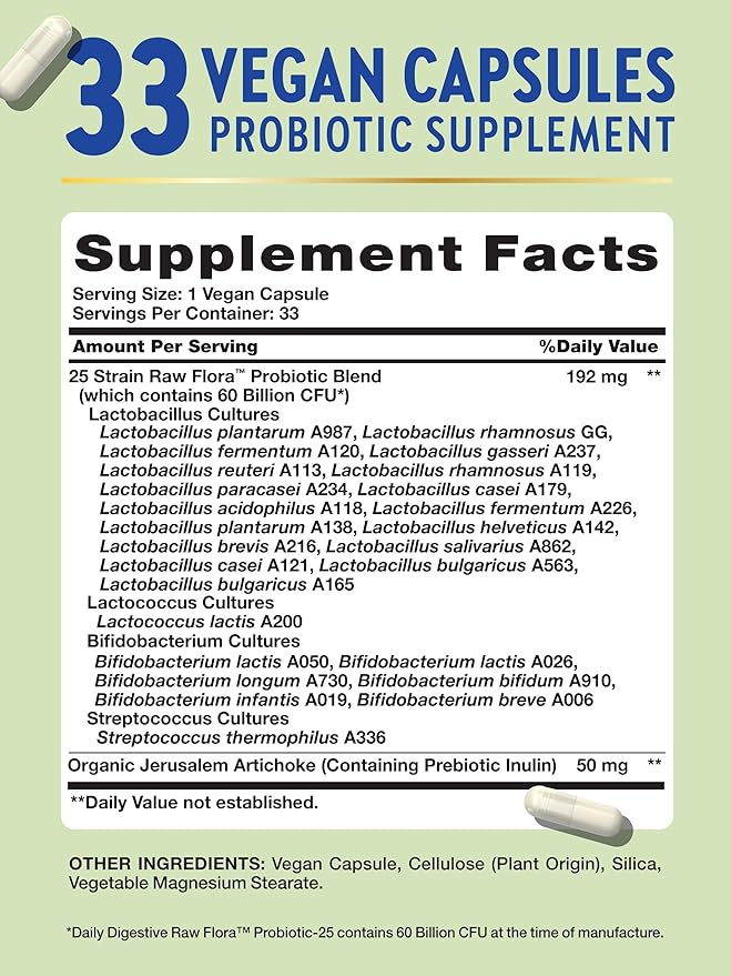 Nature's Truth Raw Flora Probiotic with Prebiotics | 60 Billion CFU | Daily Digestive Vegan Capsules | Gluten Free Supplement for Men and Women