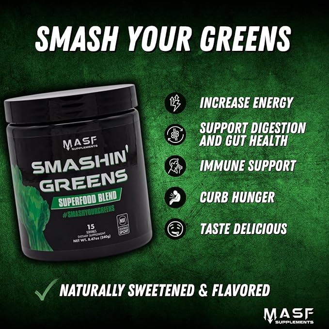 MASF Supplements Smashin' Greens Superfood Organic Blend - 15 Servings - Boost Energy, Immune Support, Digestive Health with Organic Wheat Grass, Spirulina, Chlorella - NSF Certified