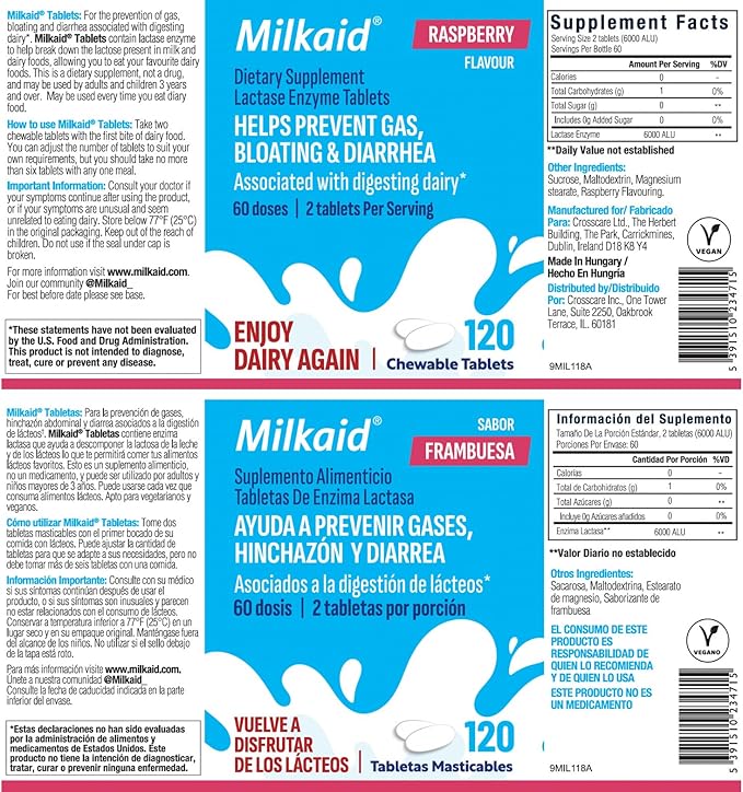 Milkaid Lactase Enzyme Chewable Tablets for Lactose Intolerance Relief | Prevents Gas, Bloating & Diarrhea | Fast Acting Dairy Digestive Supplement (120 Tablets, Raspberry)