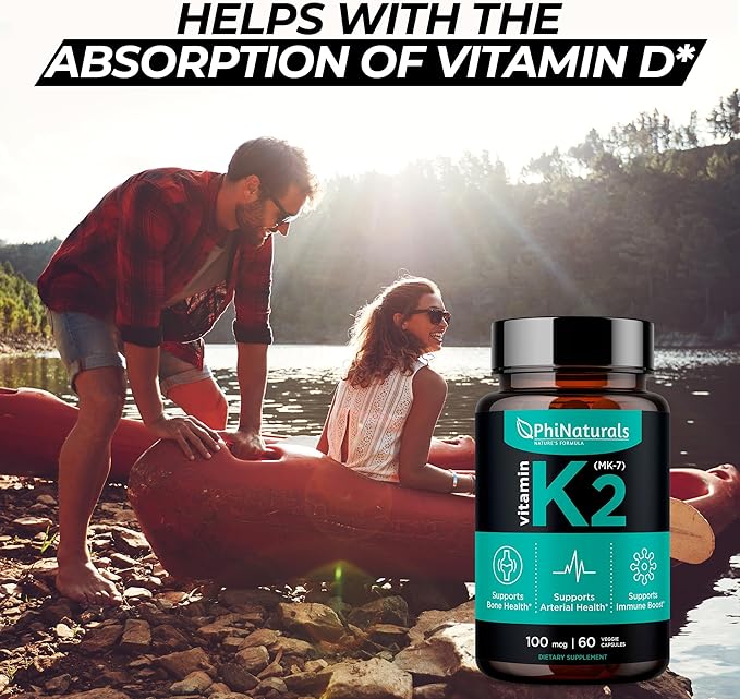 PhiNaturals Vitamin K2 Mk7 100 mcg Vegan 60 Capsules Bone Health Heart Cardiovascular Arteries - VIT k-2 MK-7 100mcg Supplement from Natto