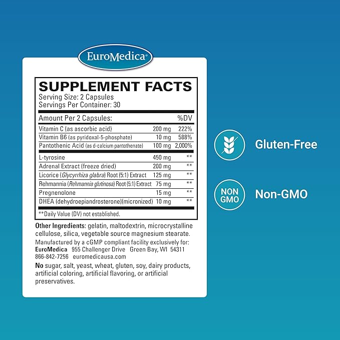 EuroMedica Adrenaplex - Healthy Adrenal Function Support Supplement - Dietary Supplement with L-Tyrosine, Pantothenic Acid & Vitamin B6 - Supports Adrenal Gland Health & Positive Outlook - 60 Capsules