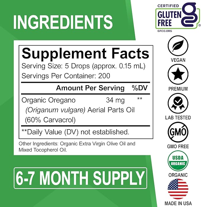 Oregano Oil Organic Liquid Drops - 6 Month Supply Oil of Oregano Drops Tincture Extract, Cleanse, Detox, Immune Support, Digestive Gut Health - Pure Vegan Non-GMO Herbal Organic Oregano Oil Drops 1 oz
