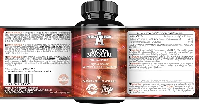APOLLO'S HEGEMONY Bacopa Monnieri Extract 500mg, High Strength Brahmi Extract (50% Bacosides), 90 Vegan Capsules, 3 Months Supply, Herbal Supplements for Enhanced Mental Clarity and Focus