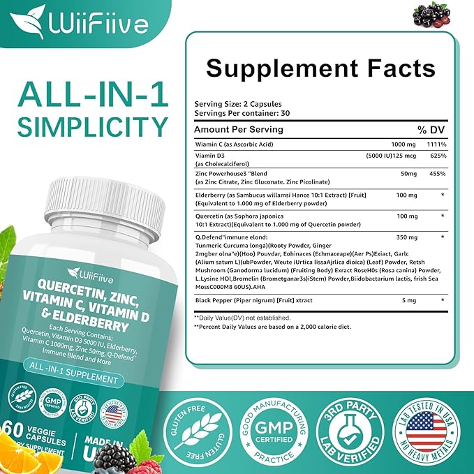 60 Count Quercetin 50 mg Zinc 1000 mg Vitamin C 5000 IU Vitamin D3 1000 mg Turmeric 1000 mg Elderberry with Q-Defend Immune Blend Reisshi Nettle Arteemisinin, Non-GMO, Free Supports Health