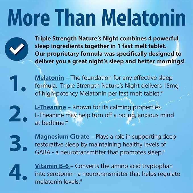 Nature's Night Triple Strength Quick Dissolve Melatonin 15mg with Supportive Blend | Natural Orange Flavor | 90 Count | Sugar Free, Vegan, Non-GMO, Drug Free
