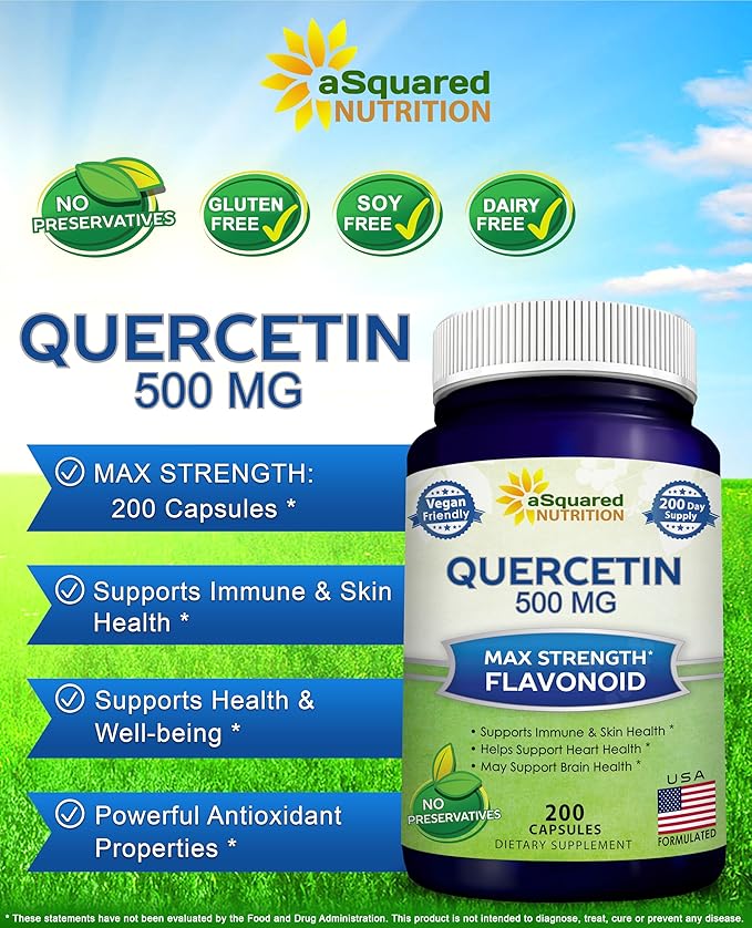 aSquared Nutrition Quercetin 500mg Supplement - 200 Capsules - Quercetin Dihydrate to Support Cardiovascular Health - Max Strength Powder Complex Pills to Help Improve Immune Response