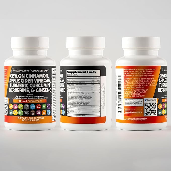 Clean Nutraceuticals Ceylon Cinnamon Turmeric Apple Cider Vinegar Ginseng Berberine Plus Bitter Melon Gymnema Milk Thistle Fenugreek