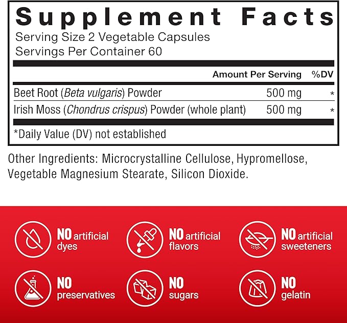 FORCE FACTOR Irish Sea Moss + Beet Root Supplement to Support Immunity, Circulation, Natural Energy, Heart Health, with Antioxidants, Non-GMO, Vegan-Friendly, Soy-Free, 120 Vegetable Capsules