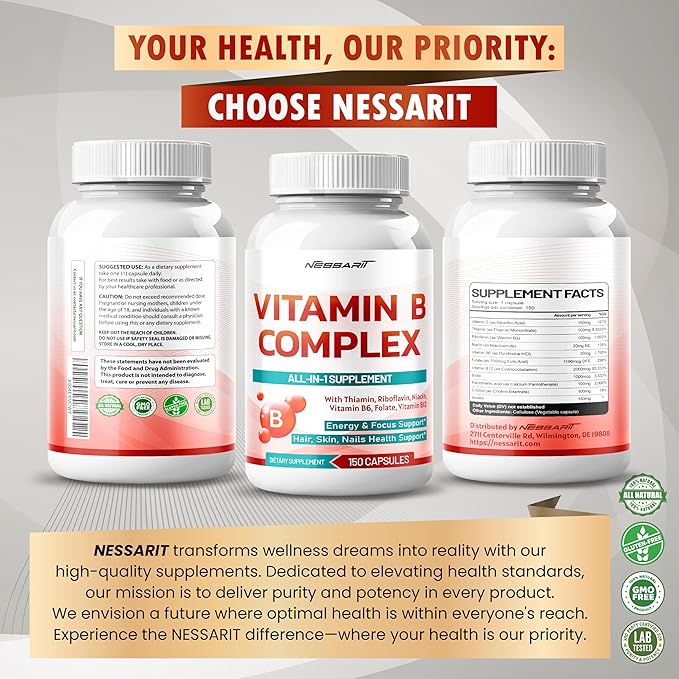 Vitamin B Complex - High Potency with Thiamin, Riboflavin, Niacin Vitamin B6, Folate, Vitamin B12 -Energy, Focus, Hair, Skin, Nails Support - 150 Count - Made & Tested in The USA
