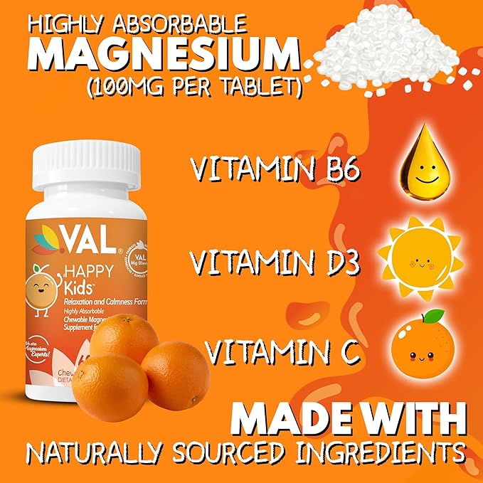VAL Magnesium for Kids | High-Absorption Magnesium for Calm, Relaxation & Focus | Mg Glycinate, Citrate & Taurate | with Vitamin B6, D & C | Sugar-Free, Non-GMO | 60 Chewable Tablets