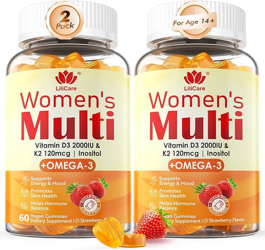 Womens Multivitamin Gummy with Omega 3(DHA/EPA), Vitamin D3 K2, Calcium, Inositol, Daily Womens Vitamin A C E B Complex, L-MethylFolate, Methyl B12,Sugar Free Methylated Multivitamins Minerals, 120Cts