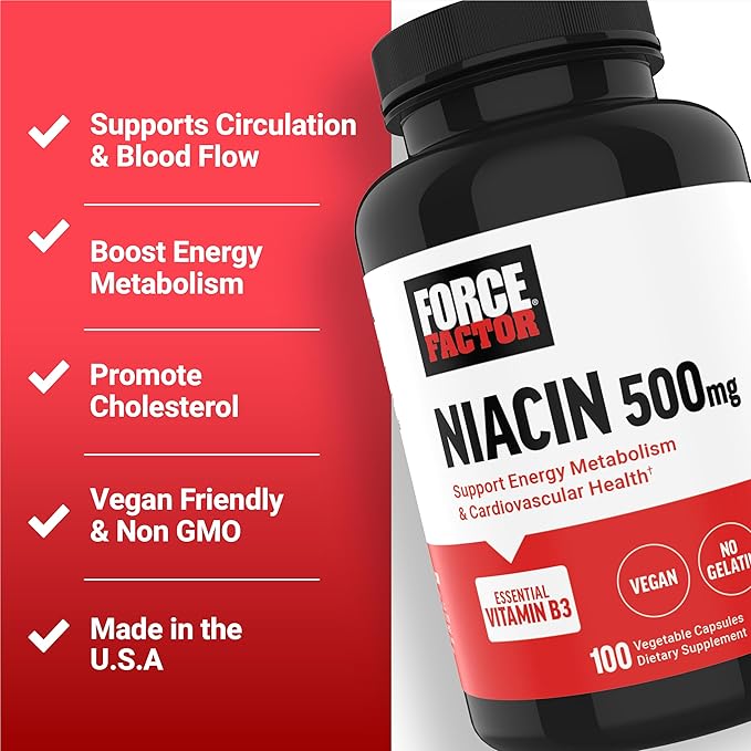 FORCE FACTOR Niacin Vitamin B3 to Support Cellular Energy and Cardiovascular Health, Niacin 500mg Heart-Health Supplement, Vegan, No Gelatin, Non-GMO, 100 Vegetable Capsules