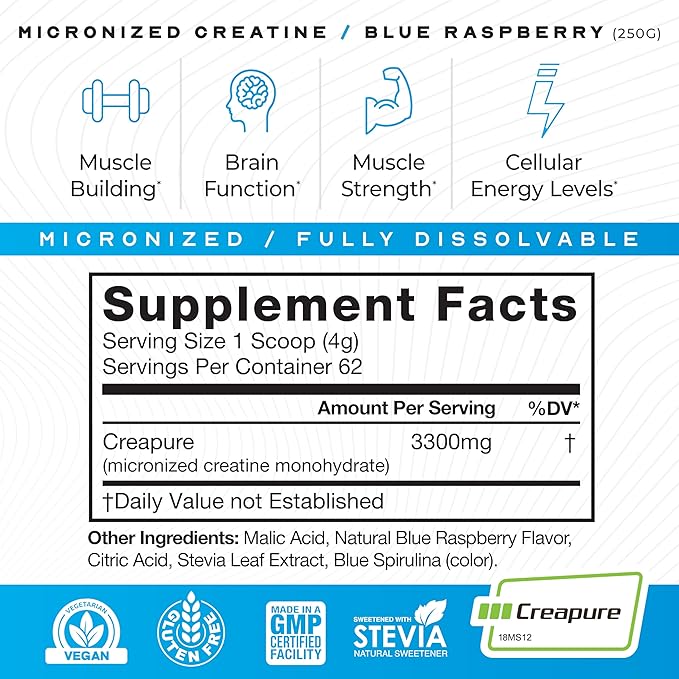 Muscle Feast Creapure Micro - Micronized Creatine Monohydrate Powder | Premium Pre-Workout or Post-Workout | Easy to Mix, Gluten-Free, Safe and Pure, (Blue Raspberry, 250g)