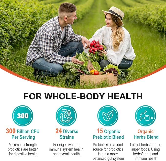 300 Billion CFU & 24 Strains Probiotic with 15 Organic Herbs Prebiotics, for Overall Digestive Health, Immune, Constipation, Gut & Bloating Health - 1 Pack -145