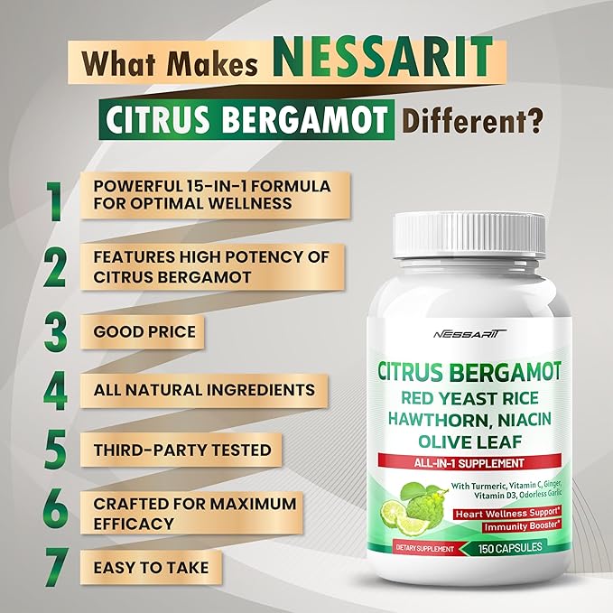 Citrus Bergamot Supplement - 15-in-1 Natural Blend with Red Yeast Rice Hawthorn Olive Leaf Odorless Garlic Turmeric Ginger Fenugreek - 150 Count - Made & Tested in The USA