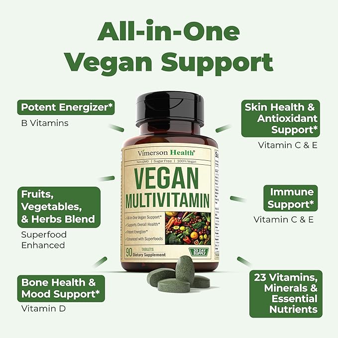 Vegan Multivitamins for Women & Men - Multivitamin & Multimineral Supplements for Energy, Focus and Overall Health. Daily Vegan Vitamins A, C, D, E & B12, Zinc, Calcium, Magnesium & More. 90 Tablets