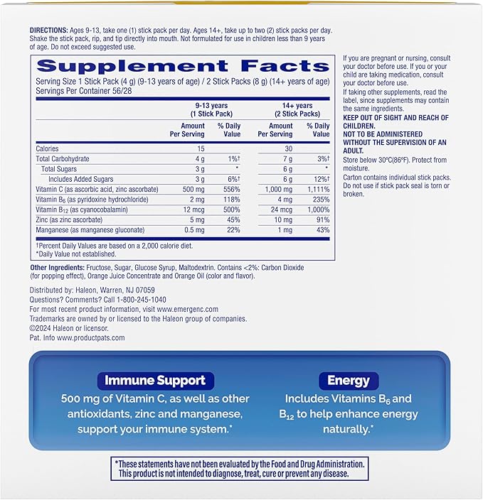Emergen-C Crystals, On-the-Go Emergen-C Immune Support Supplement with Vitamin C, B Vitamins, Zinc and Manganese, Orange Vitality - 56 Stick Packs
