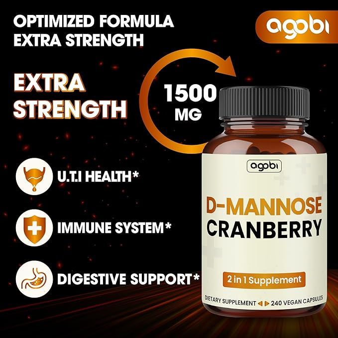 agobi D-Mannose and Cranberry Blend Capsules - 240 Vegan Pills for 80 Days - Super Concentrated Formula for UTI Health, Digestive & Immune Support - Gluten-Free, Non-GMO