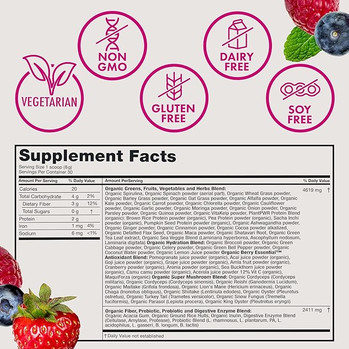 Organic Super Greens Powder, 70+ Superfoods, 0 Sugar, 3G Fiber, Spirulina, Chlorella, Antioxidants, Prebiotics/Probiotics, Digestive Enzymes, Mixed Berry, 30 Servings