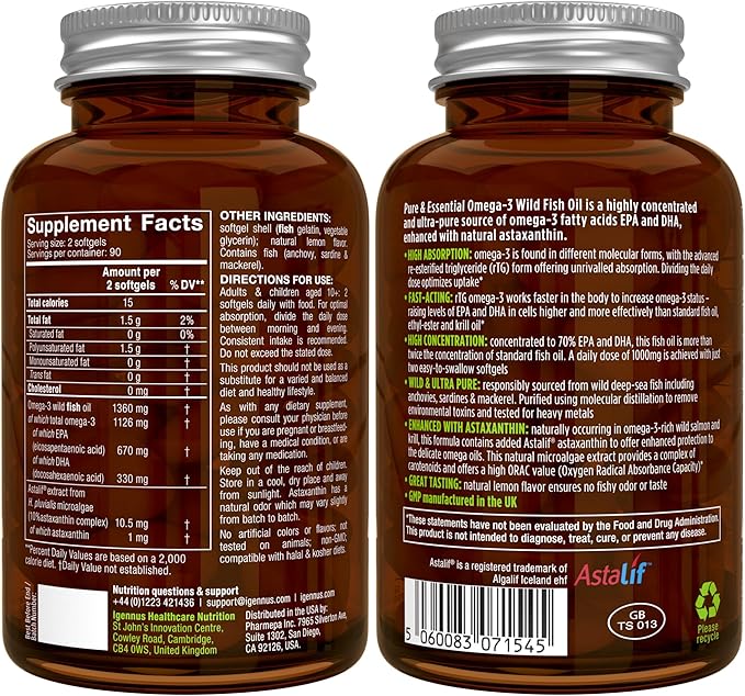 Igennus Ultra Pure Omega 3 Triglyceride rTG Wild Fish Oil 1360mg, IFOS Certified, for Women & Men, Fatty Acids EPA & DHA 1000mg & Astaxanthin, Non-GMO, 180 Softgels