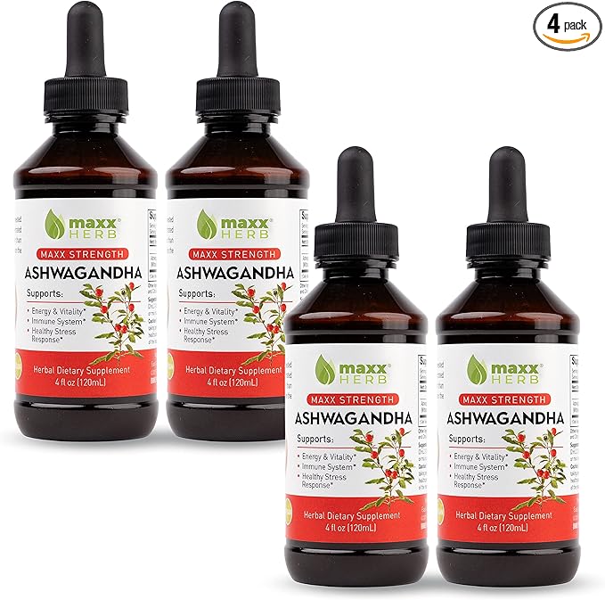 Maxx Herb Ashwagandha Extract – Max Strength Liquid Tincture Absorbs Better Than Capsules or Powder - for Stamina, Memory, and Immune Support – 4 Bottles, 4 Oz Each (240 Servings)