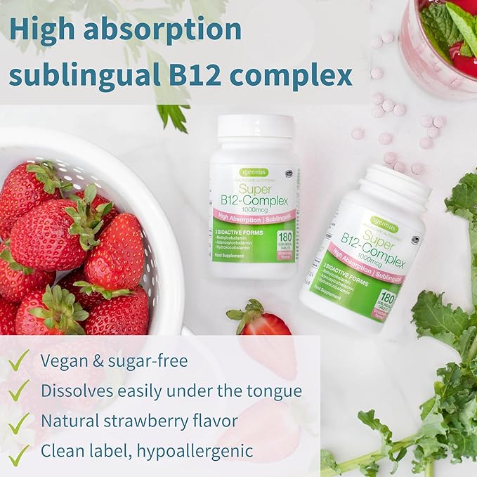 Igennus Super Vitamin B12 Complex 1000mcg Sublingual - Methylated & Clean, Adenosylcobalamin, Methylcobalamin & Hydroxocobalamin, High Absorption, 180 Servings, Sugar-Free & Vegan