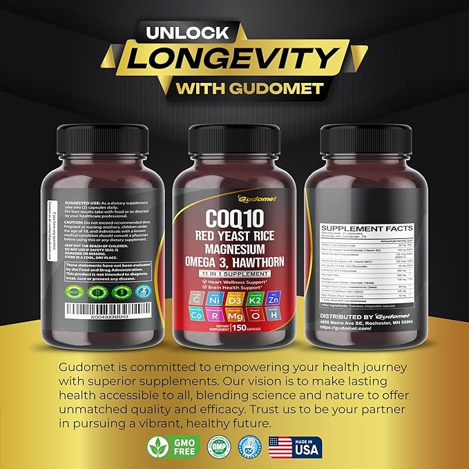 Coenzyme Q10 (Ubiquinone) Red Yeast Rice Hawthorn Omega 3 Vitamin C Niacin Zinc Vitamin K2-150 Capsules- Made in USA