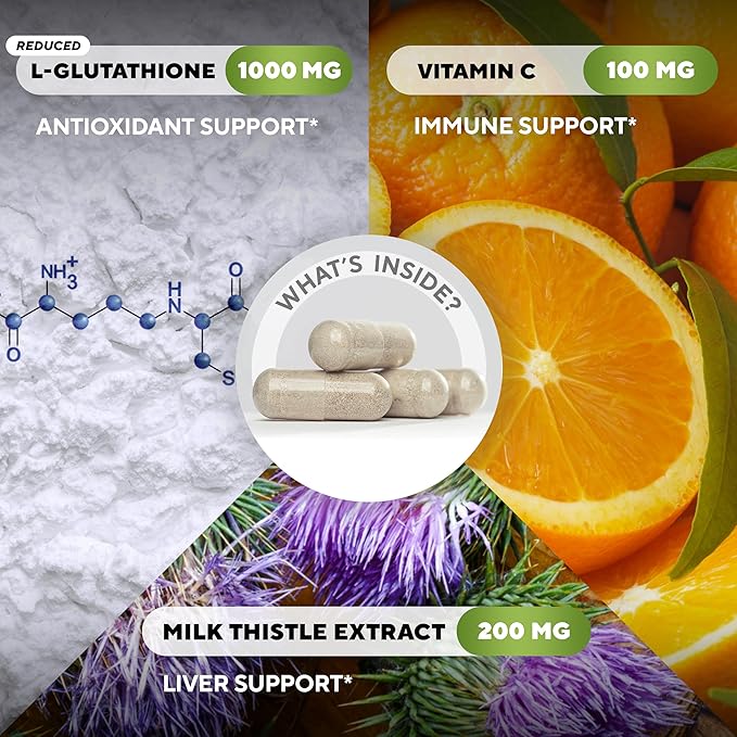 Reduced Glutathione Supplement 1000mg - USA Made Glutathione Capsules with Vitamin C & Milk Thistle for Liver Care, Skin Support & Immune Well-Being - 60 Count