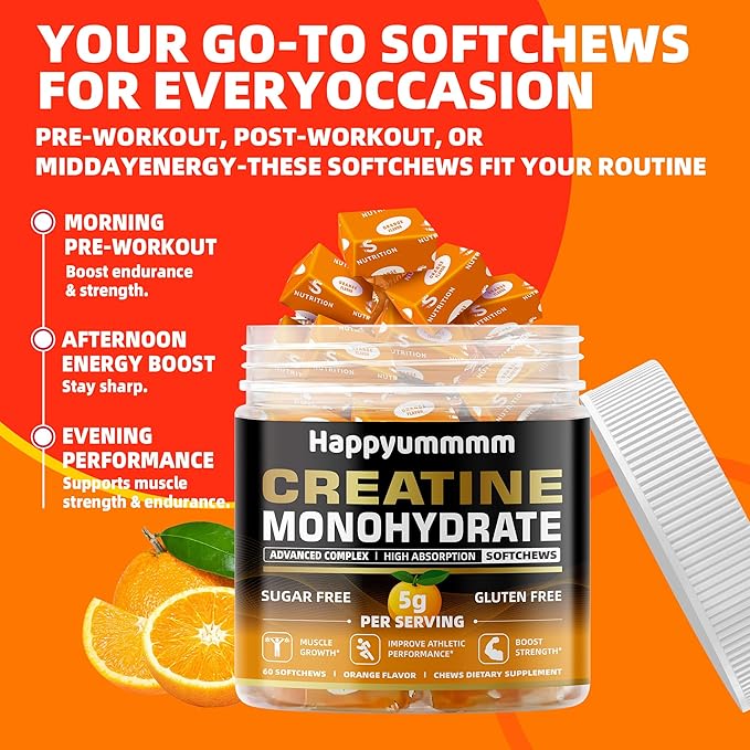 Creatine Monohydrate Soft Chews 5g for Men & Women, Preworkout Gummy with Electrolyte for Muscle Growth, Strength & Energy Support, Orange 60 pcs