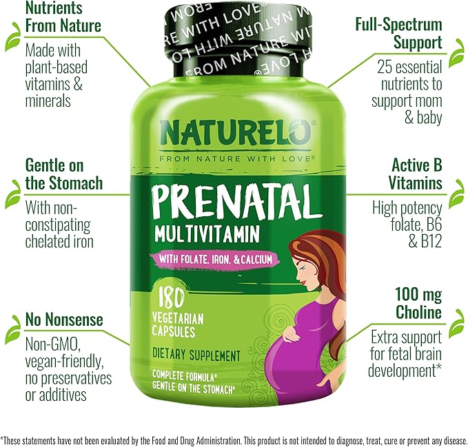NATURELO Prenatal Multivitamin with Gentle Chelated Iron, Methyl Folate, Plant Calcium & Choline - Vegan, Vegetarian - Non-GMO - Gluten Free - 180 Capsules - 4 Month Supply (Pack of 2)