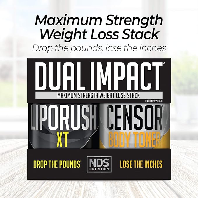 NDS Nutrition Maximum Strength Dual Impact Stack - Complete 2-in-1 Fat Loss Stack Enhanced with Teacrine, L-Carnitine, CLA for Serious Results - Censor 90 Softgels XT 60 Capsules