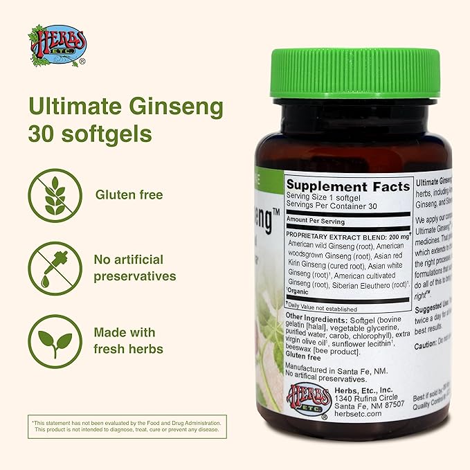 Herbs Etc. Ultimate Ginseng Softgels - Support Continuous Physical Activity - Aids Brain Health - Supports Daily Stamina for Physical & Intellectual Activity - Gluten-Free - 30 Softgels (30 Servings)