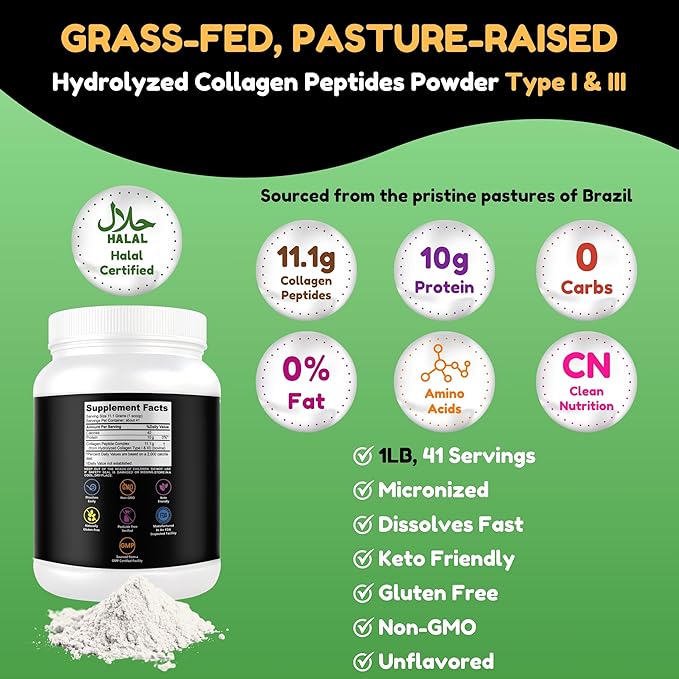 Halal & Grass Fed Collagen Peptides Powder 1 lb. 16oz Unflavored Hydrolyzed Collagen Peptides Powder Type I & Type III for Hair, Skin, Nails & Joints | Keto & Paleo Friendly | Sugar & Gluten Free