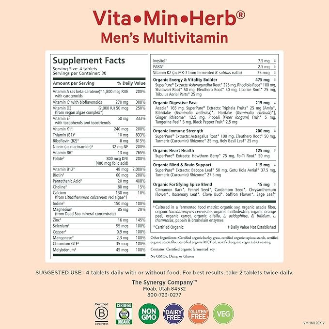 PURE SYNERGY Vita·Min·Herb for Men | Men’s Comprehensive Multivitamin Supplement | Made with Organic Whole Food Non-GMO Ingredients | Daily Energy & Immune Support (120 Tablets)