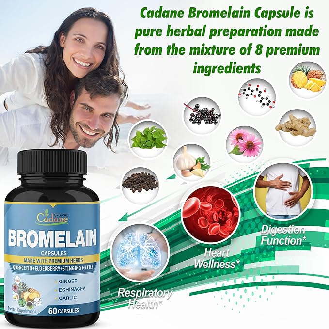 Organic Cadane 2 Packs 60caps of Bromelain Supplement Capsules, with Quercetin, Elderberry, Ginger, Echinacea, Garlic, Black Pepper, 2 Months Supply