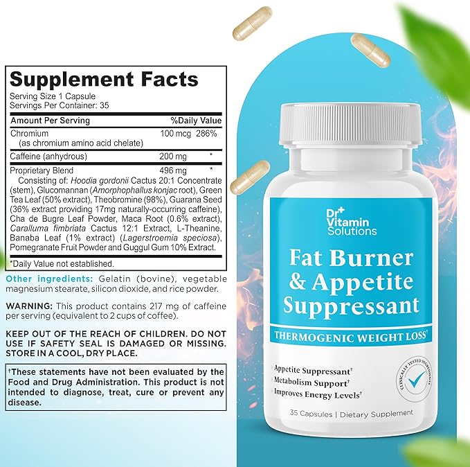 Fat Burner for Women & Men - Appetite Suppressant for Weight Loss - Pills with Chromium, Caffeine & Green Tea Extract - Metabolism Booster Thermogenic Weight Loss - 35 Capsules