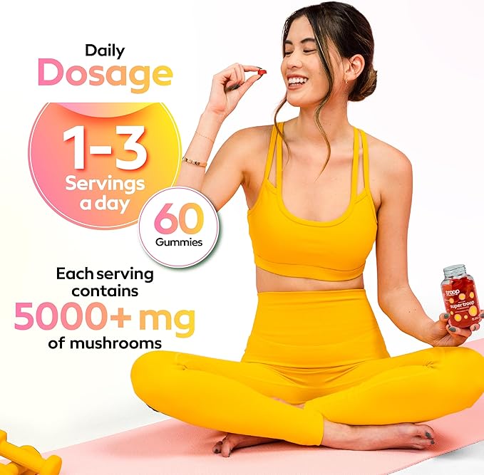 Troop Daily Super 6 Blend Mushroom Gummies for Adults and Children - Immunity, Vitality, Mood, Balance, Gut Health, Energy Supplement with Triple Extracted Fruit Body Blend - Vegan, 60 Count