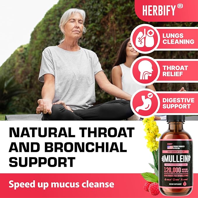 HERBIFY Mullein Drops - Lung Cleanse - Leaf Extract - Powerful Mullein for Immune Support, Detox & Respiratory Support - Made in USA - 4 Oz Raspberry Flavor