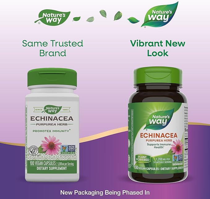 Nature's Way Echinacea Purpurea Herb, Supports Immune Health*, 1200 mg per 3-Capsule Serving, Non-GMO Project Verified, Vegan, 100 Capsules (Packaging May Vary)