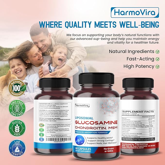 Liposomal GLUCOSAMINE CHONDROITIN, MSM - Support Healthy Joints, Strong Cartilage, Nails, Hair - 120-day Supply - Made in The USA