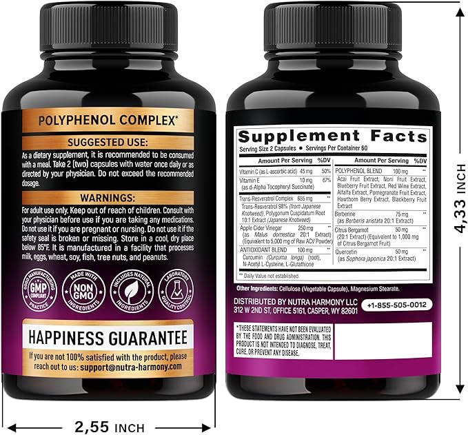 Resveratrol Supplement - 19-in-1 Organic Polyphenol Complex - Noni Extract | Berberine | Quercetin | Apple Cider Vinegar | Acai - Made in USA - Antioxidant & Heart Health Support - 120 Capsules